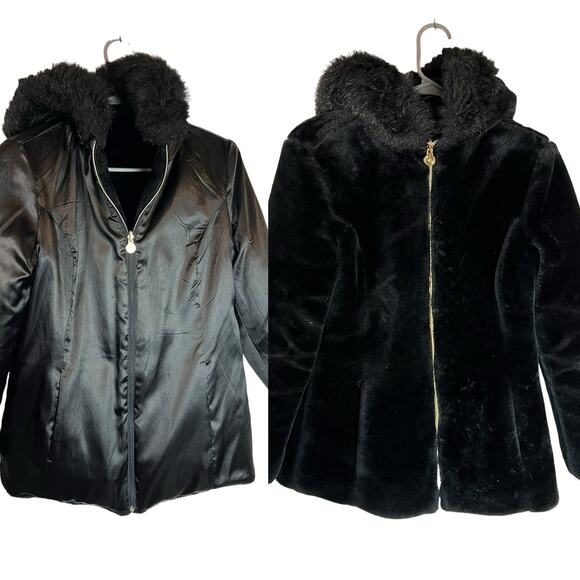 Susan Graver Black Reversible Coat Jacket Faux Fur Satin Hood S Small - Picture 2 of 13